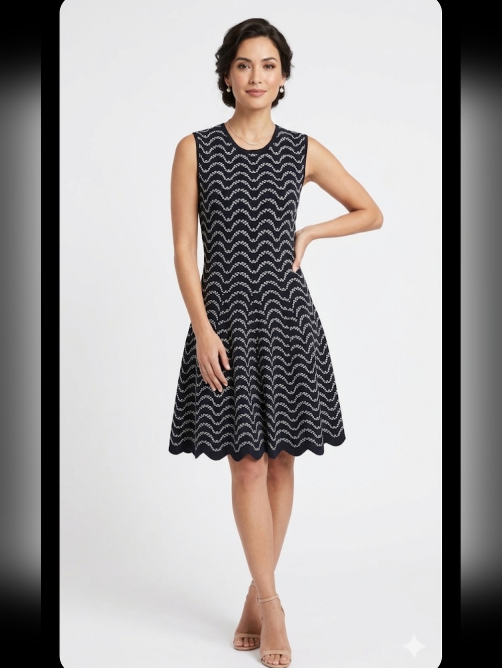 Ted Baker Navy & White Scallop Knit Sleeveless Mini Dress, Size 4